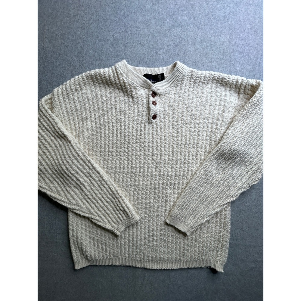 Bill Blass Vintage Henley Sweater Mens Large Cream Cotton Ribbed Knit USA Made